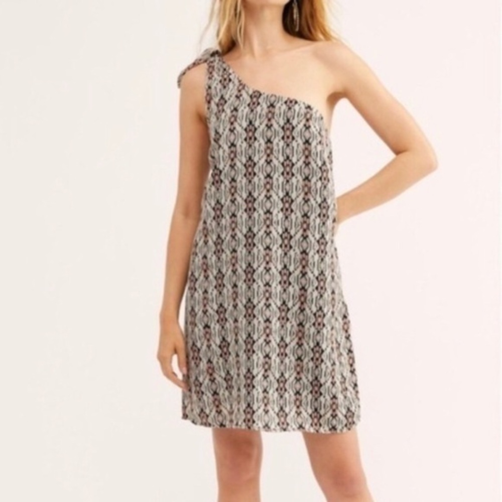 Free People Dress One Shoulder Cream Taupe Aztec Print Knot Detail Trendy Mini